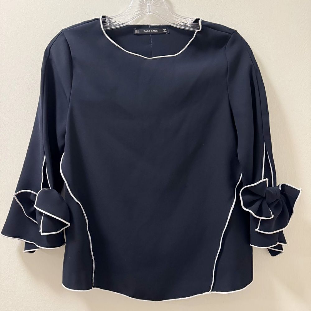 Zara Navy & White Contrast Piping Bow Long Sleeve Blouse - Size XS